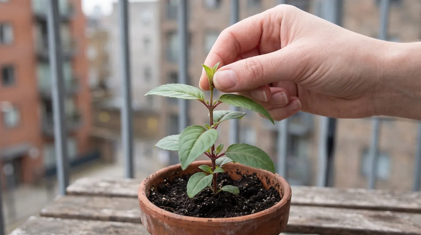 Finger and thumb nipping the soft tip from a young fuchsia just above a pair of opposite leaves