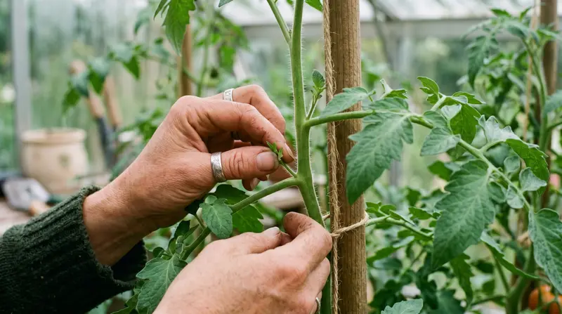 A close-up of a UK gardener's fingers pinching out a small green sideshoot growing from the leaf axil of a tomato plant on a