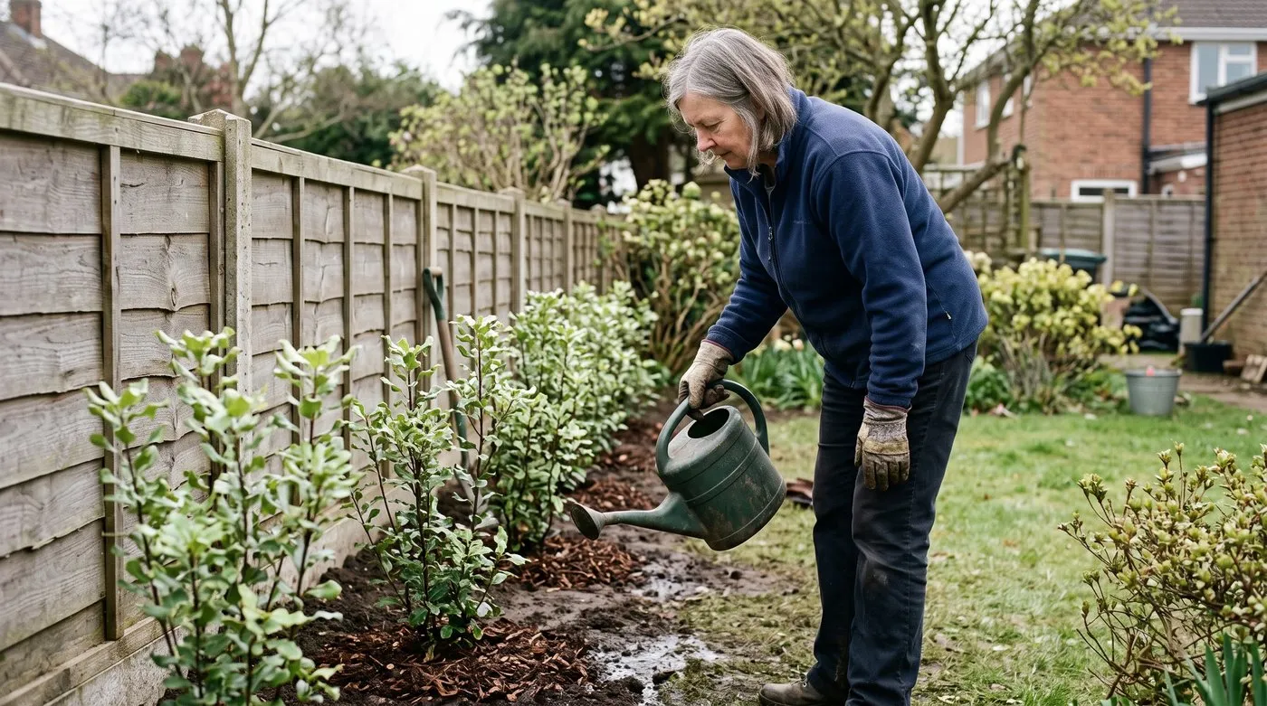 Woman watering in a newly planted row of young pittosporum hedging plants
