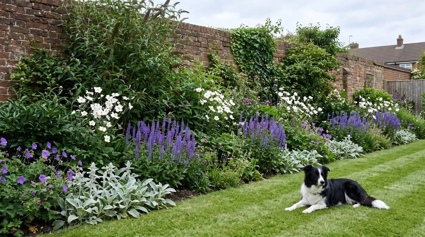 Mixed border with repeated groups of blue salvia and white flowers and a dog on the lawn
