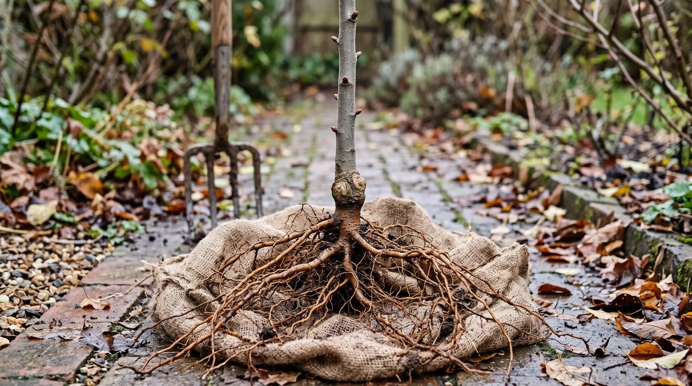 Bare-root apple tree with moist fibrous roots, a clean graft and plump closed buds