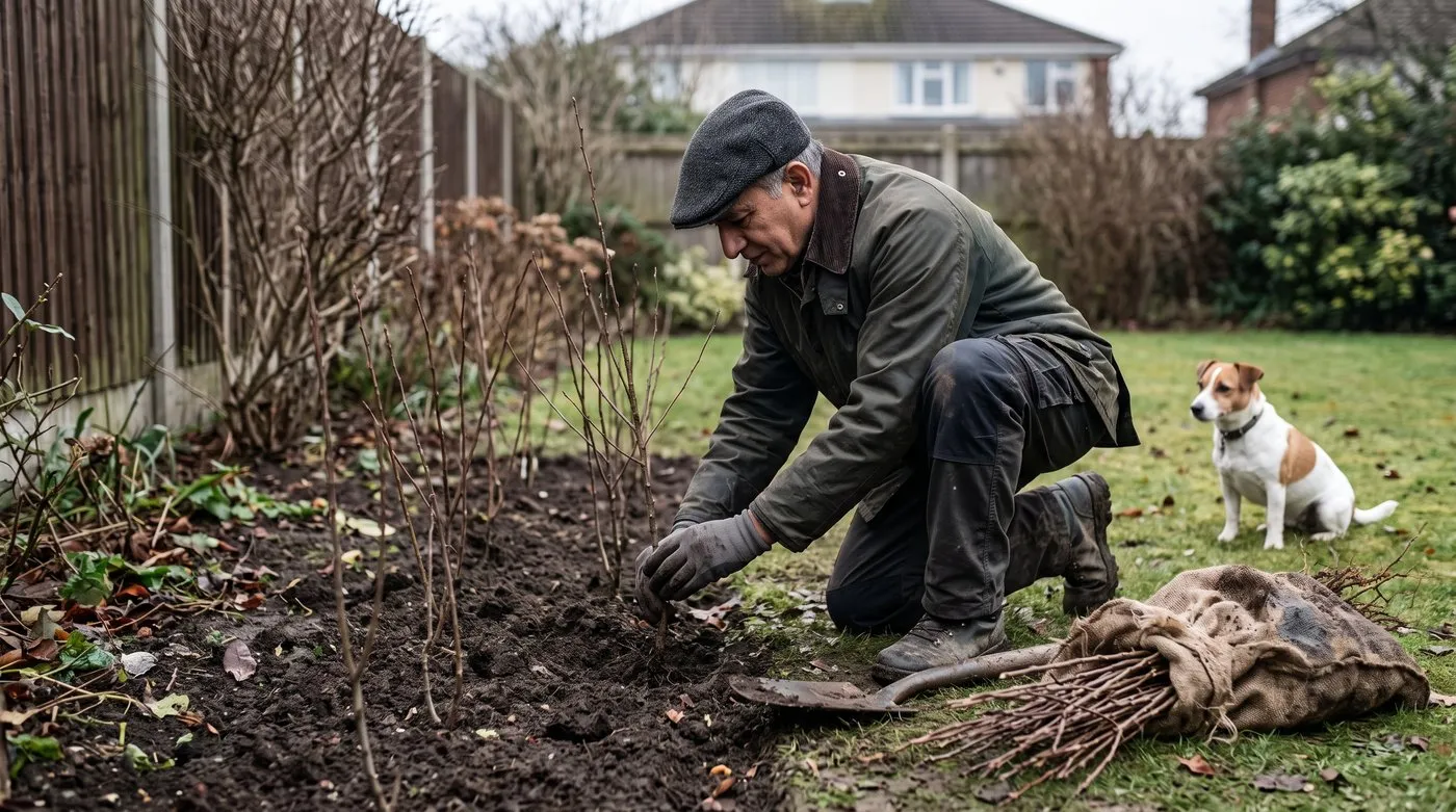 Gardener planting bare-root hawthorn hedging in a double staggered row as a terrier watches