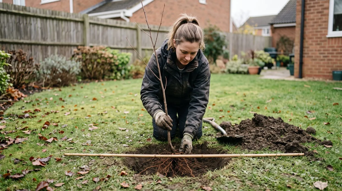 Gardener using a cane across the hole to check a bare-root tree is planted at the right depth