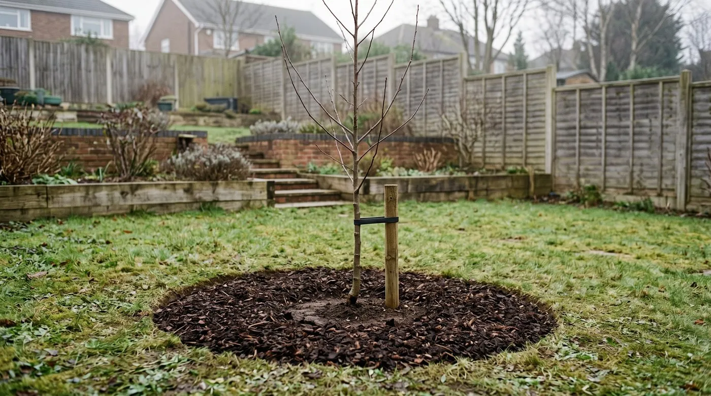 Young tree in a 1.2m mulched circle with a clear gap left around the trunk