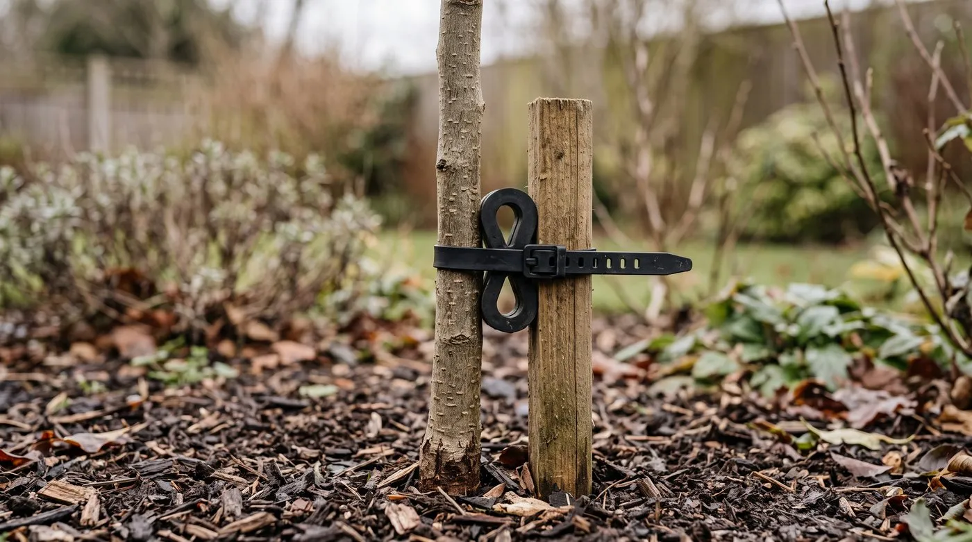 Young tree fixed to a short stake with a rubber tie and spacer so the bark can't rub