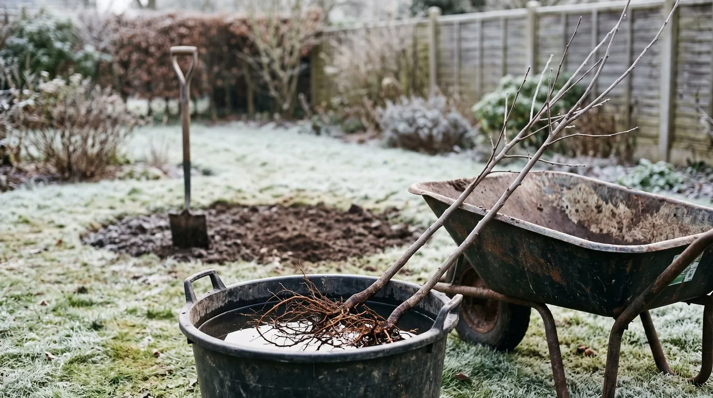 Bare-root young trees with their roots soaking in a bucket of water before planting