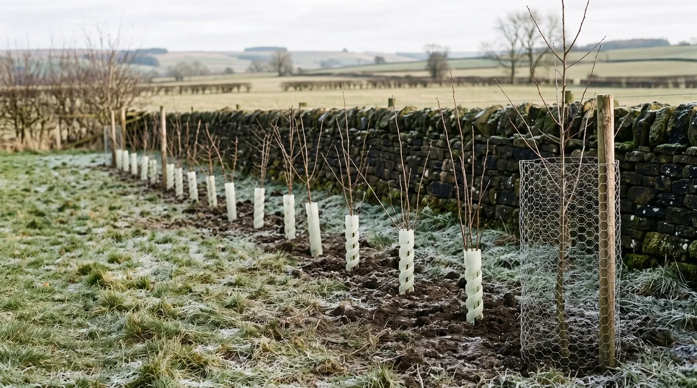 Newly planted hedging whips protected by spiral rabbit guards along a rural boundary