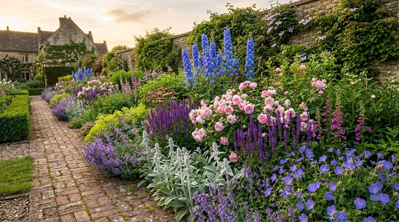 Best plant combinations for UK borders with delphiniums, roses, and salvias in a sunny cottage garden