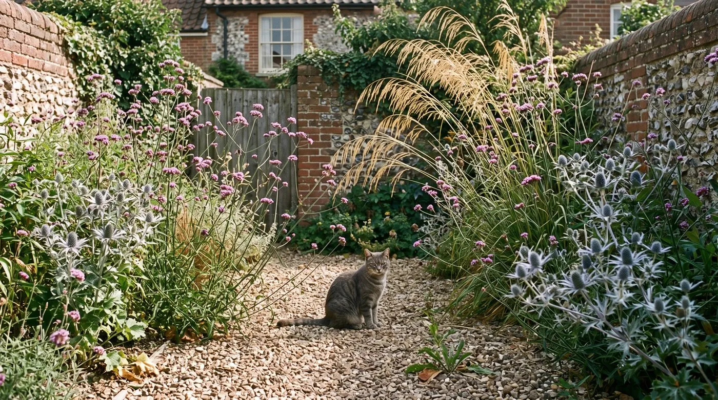 Verbena bonariensis, blue eryngium and golden stipa grass in a sunny gravel garden, with a tabby cat on the gravel