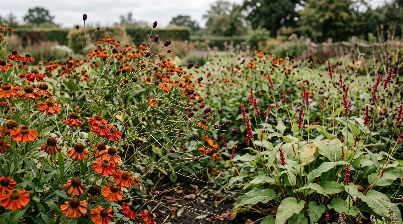 Helenium, burgundy sanguisorba and crimson persicaria flowering together in a clay soil border in September