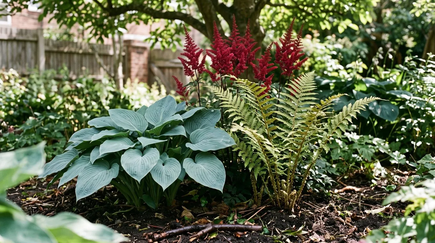 Blue hosta, feathery fern and crimson astilbe plant combination in a damp shady UK border