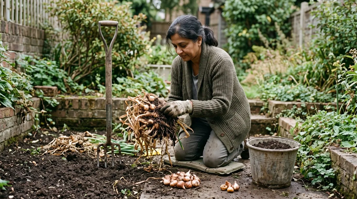 Woman separating a lifted clump of crowded daffodil bulbs in summer to replant
