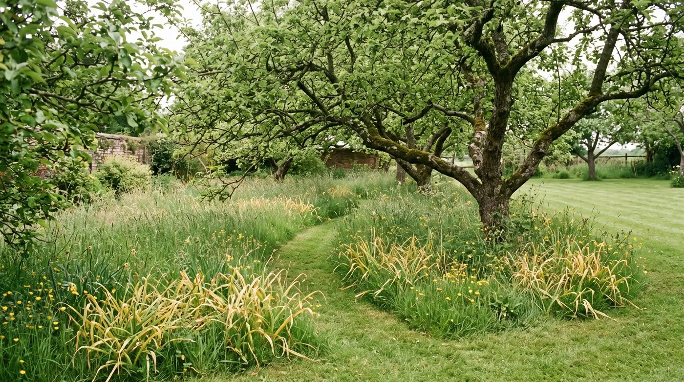 Long grass with yellowing daffodil leaves left unmown under apple trees, with a mown path through it