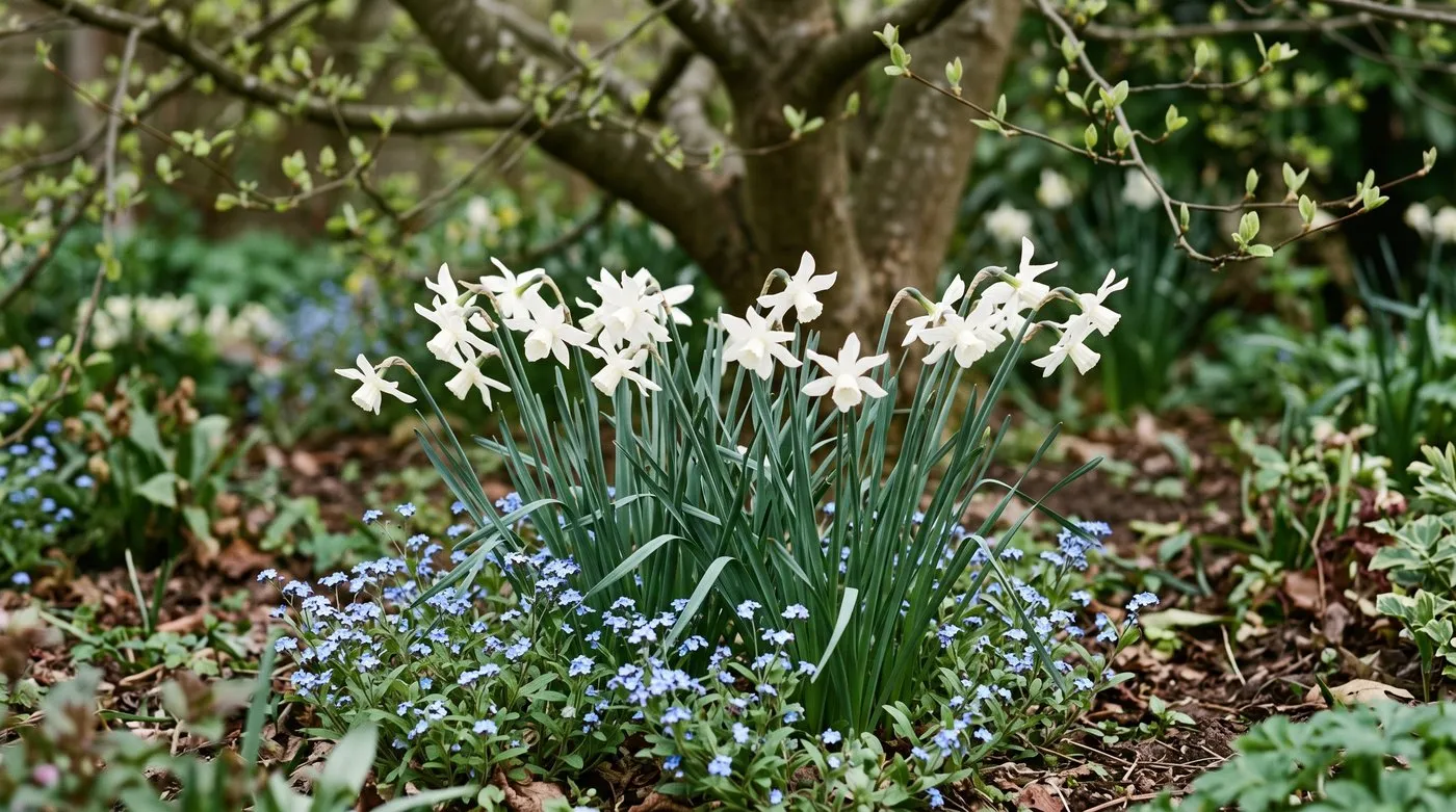 White Thalia daffodils with several nodding flowers per stem in a part-shaded border in April
