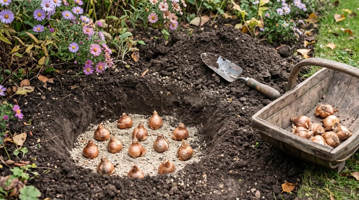 Daffodil bulbs set pointy end up on grit in a wide planting hole in an autumn border