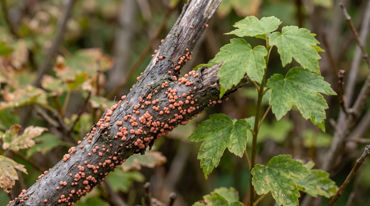 Dead maple twig covered in tiny coral-pink coral spot bumps beside a healthy green shoot