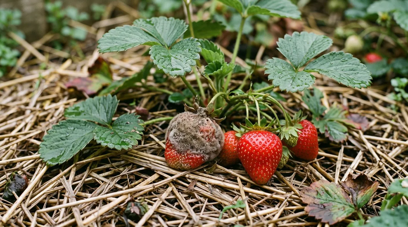 Strawberry covered in fluffy grey mould next to healthy ripe strawberries on straw