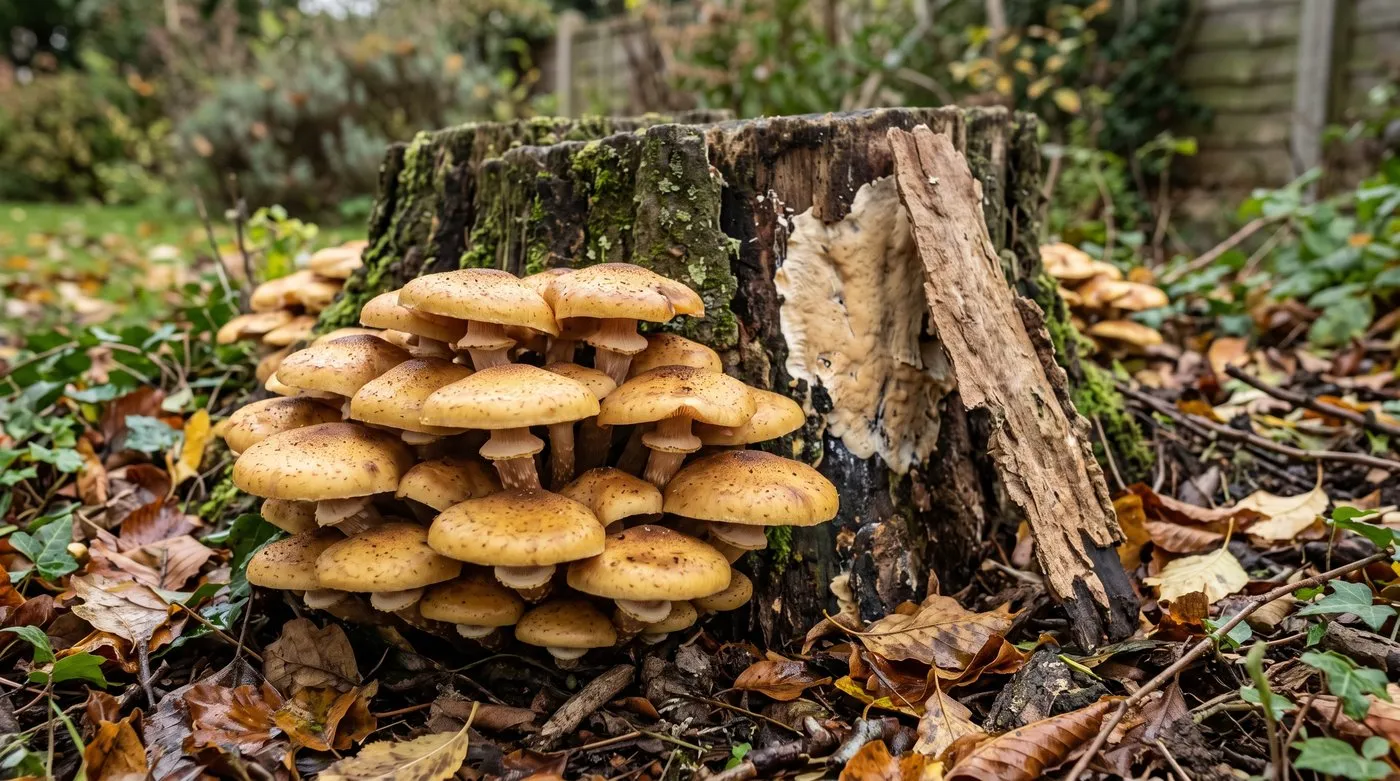 Cluster of honey fungus toadstools at the base of a dead privet stump with white fungal sheet under bark