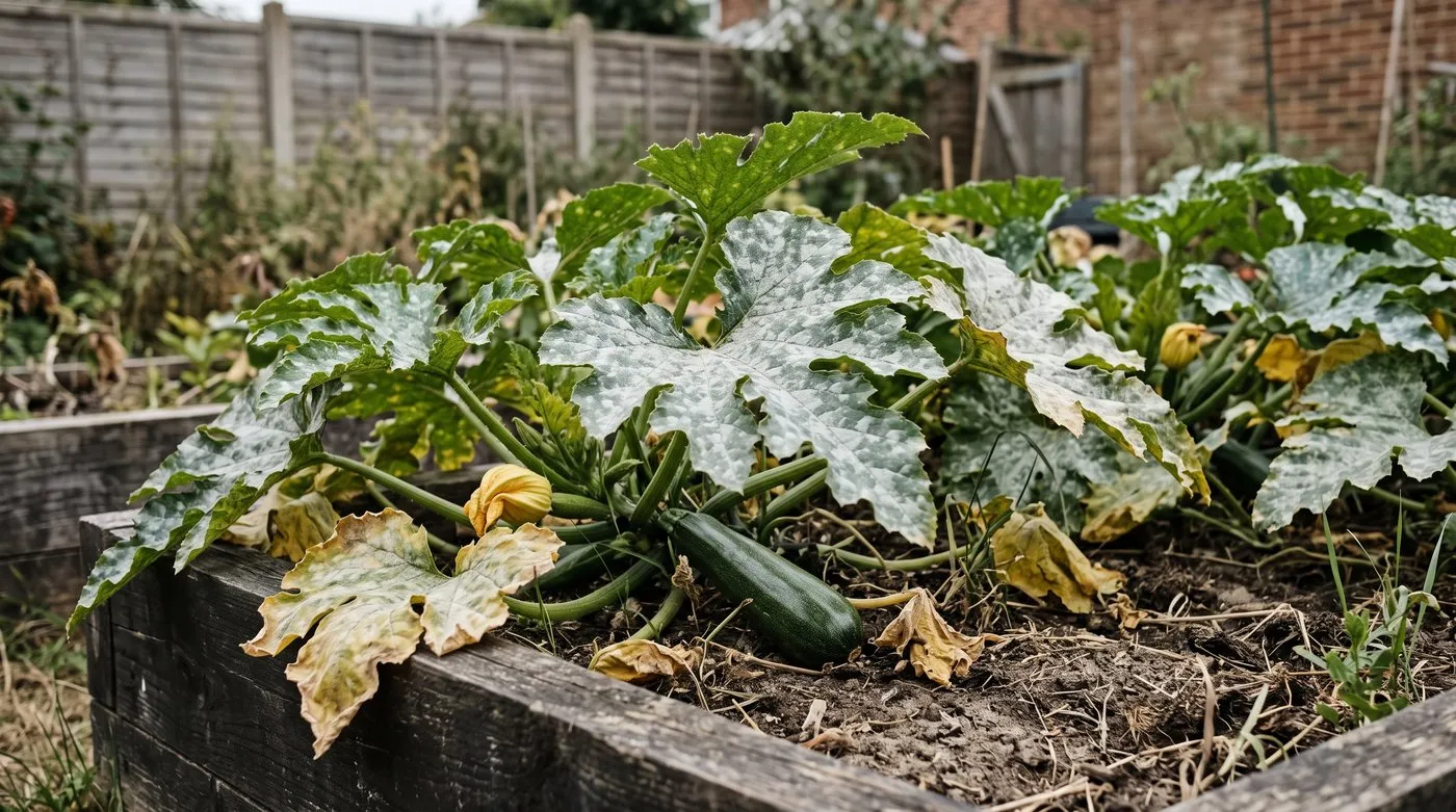 Courgette leaves coated in white dusty powdery mildew, with older leaves yellowing in late summer