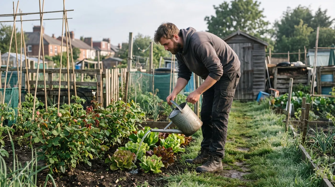 Young man watering plants at the base with a long-spouted can in the morning to prevent garden plant diseases