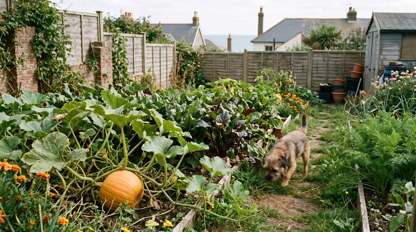 Squash plant beside rows of beetroot and carrots in a back garden veg plot, with a terrier on the path