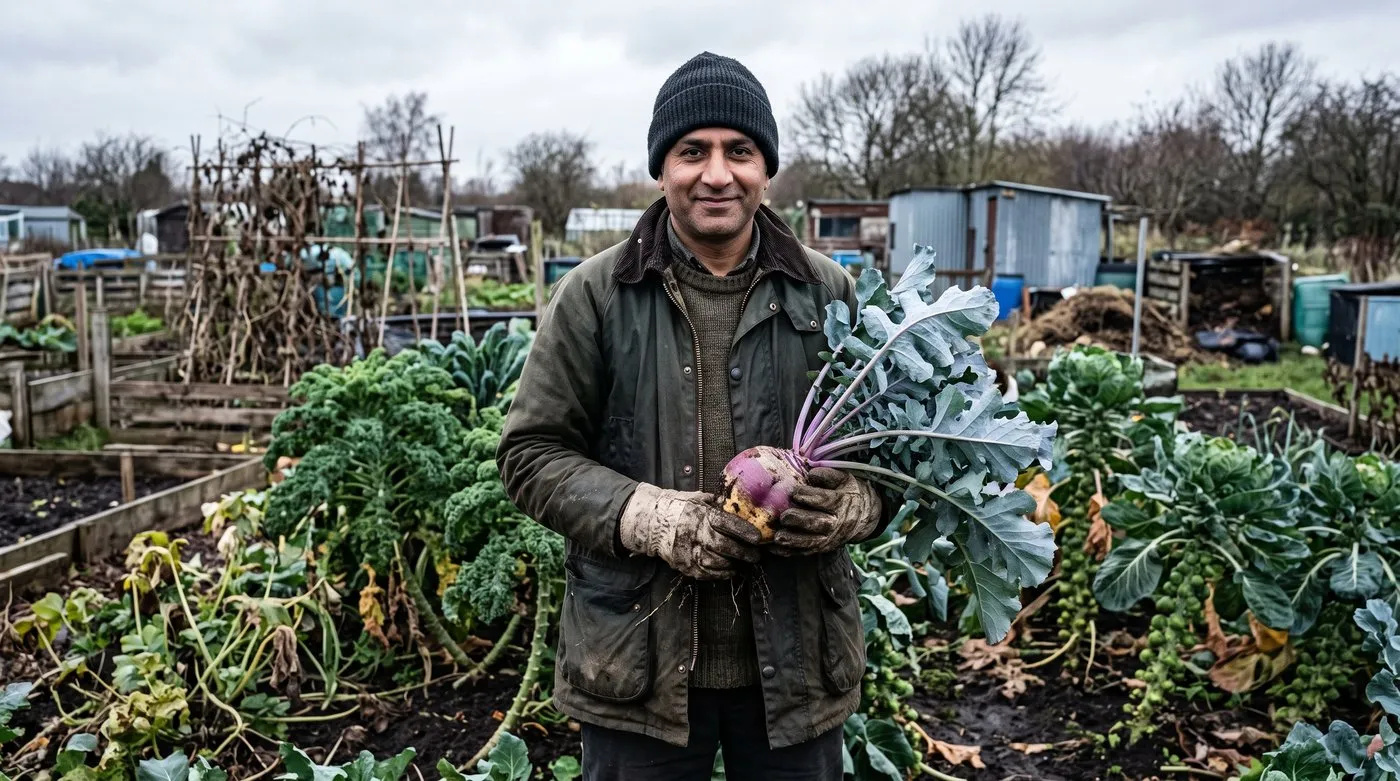 Allotment gardener holding a freshly pulled swede in a bed of kale and Brussels sprouts