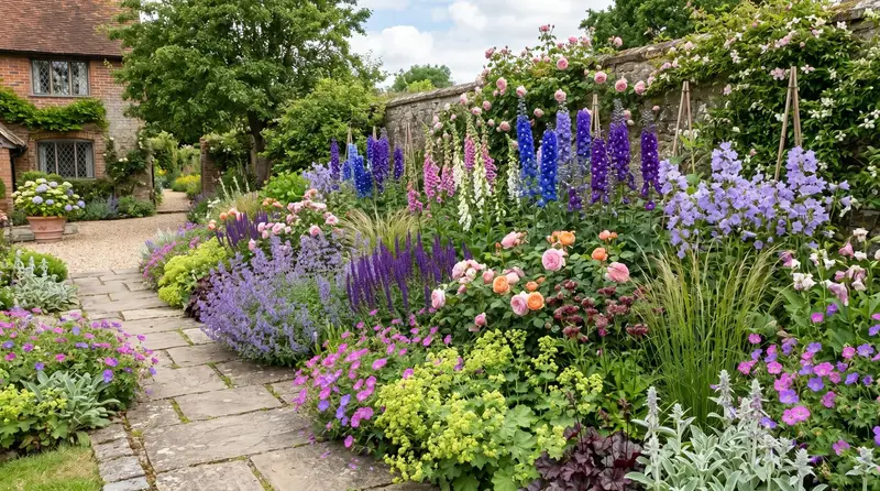 A well-planned UK garden border with layered heights and repeated drifts, the opposite of common plant placement mistakes
