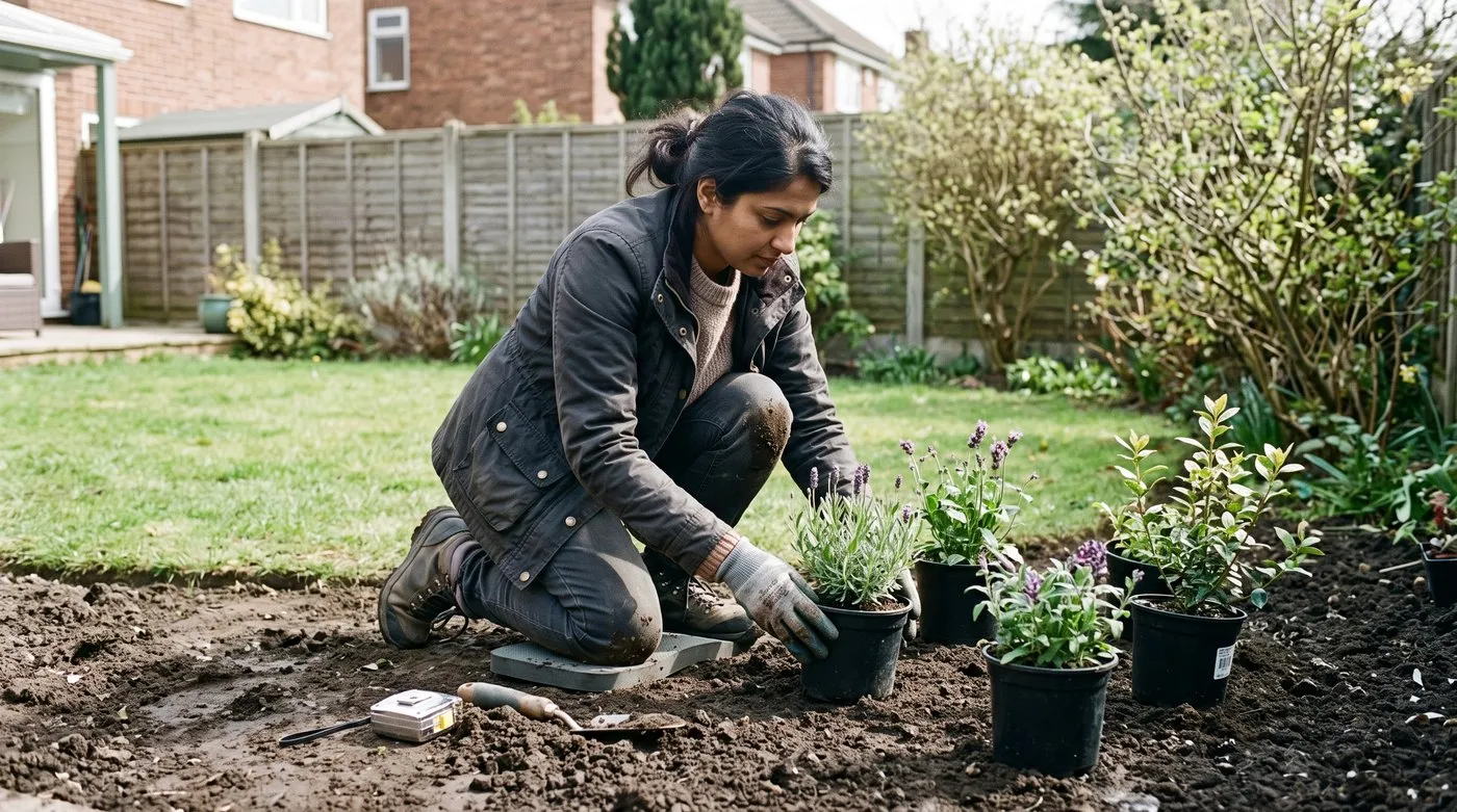 Gardener setting out potted plants on a bare border to check spacing before planting