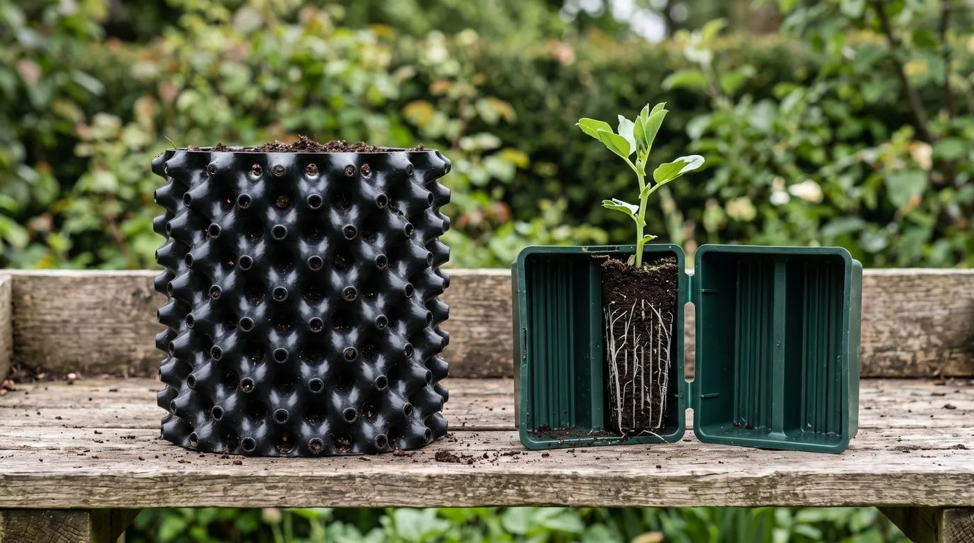 An air pot with its perforated eggbox wall beside a set of open root trainer cells showing straight downward root growth