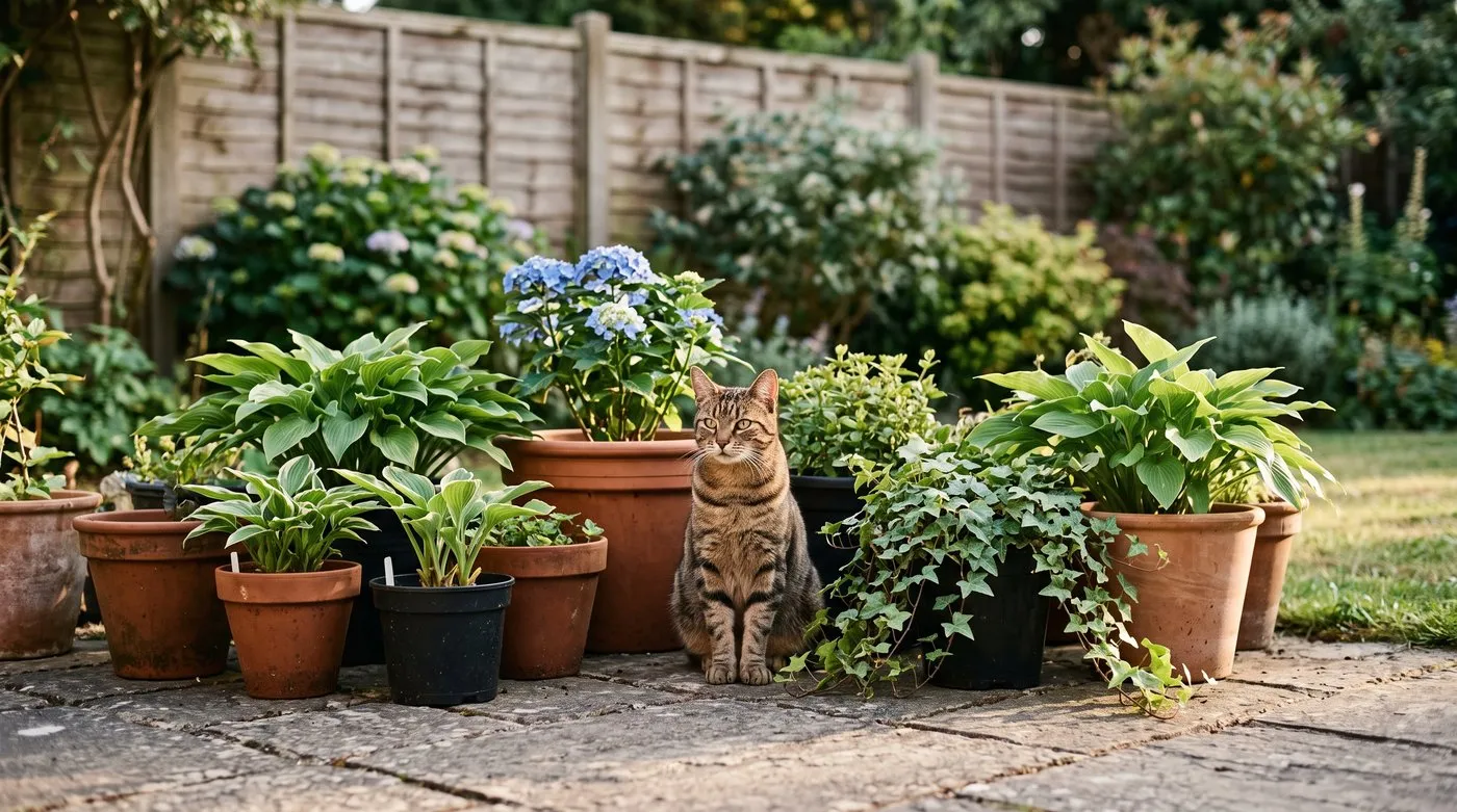 A tabby cat sitting among grouped plant pots of different sizes on a suburban patio in soft evening light