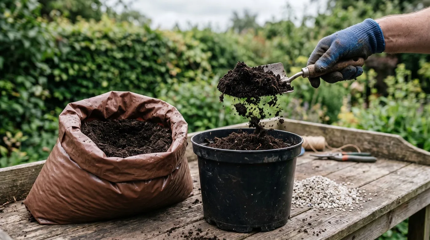 Peat-free compost being scooped from a bag into a 10 litre nursery pot on a wooden potting bench, with grit alongside