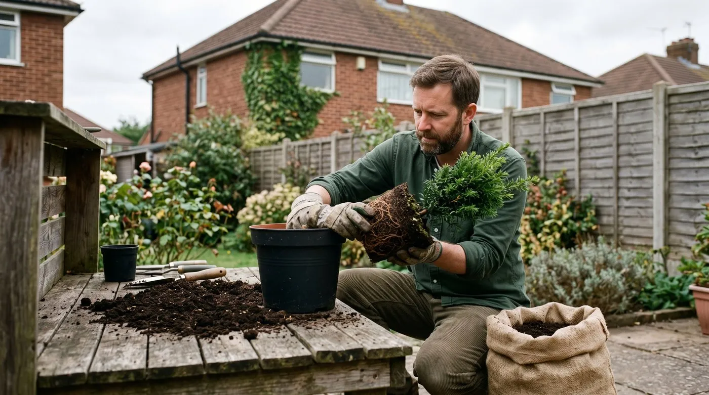 A white British man in his 40s potting on a shrub at a garden potting bench, easing a root ball from a 3L pot into a 5L pot