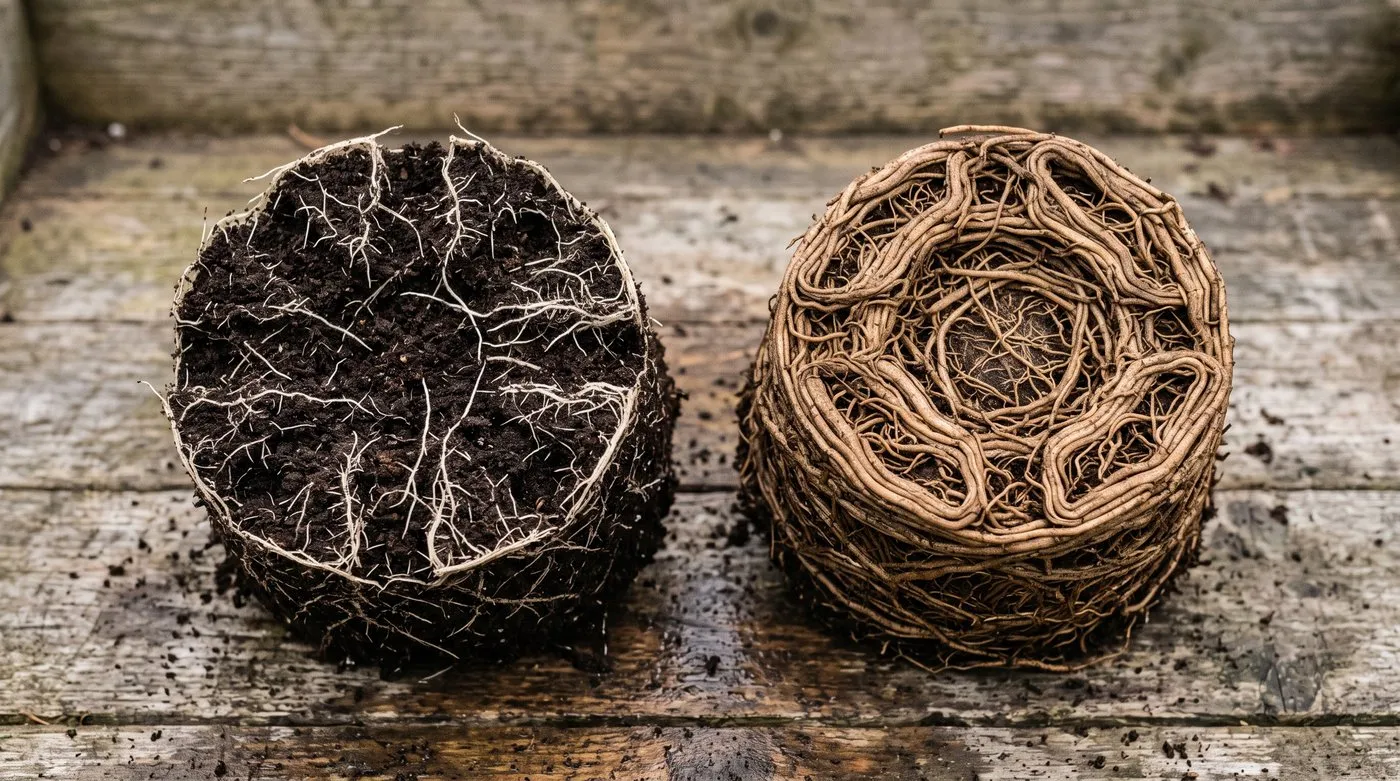 Two root balls side by side, one healthy with white roots and one root-bound with a dense circling mat of brown roots