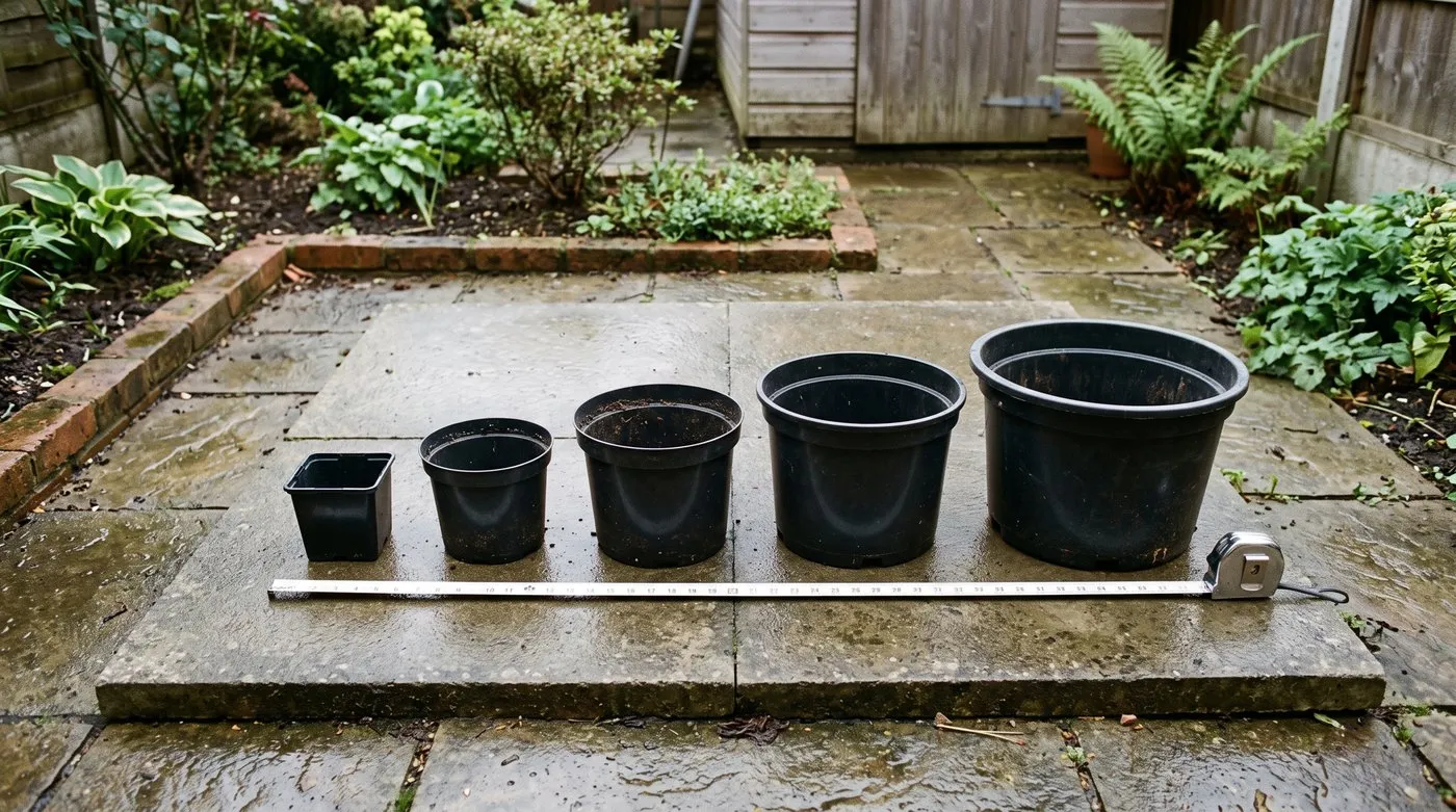 A row of UK nursery plant pot sizes on a paving slab, from a 9cm square module through 2L, 5L, 10L and a 25L pot