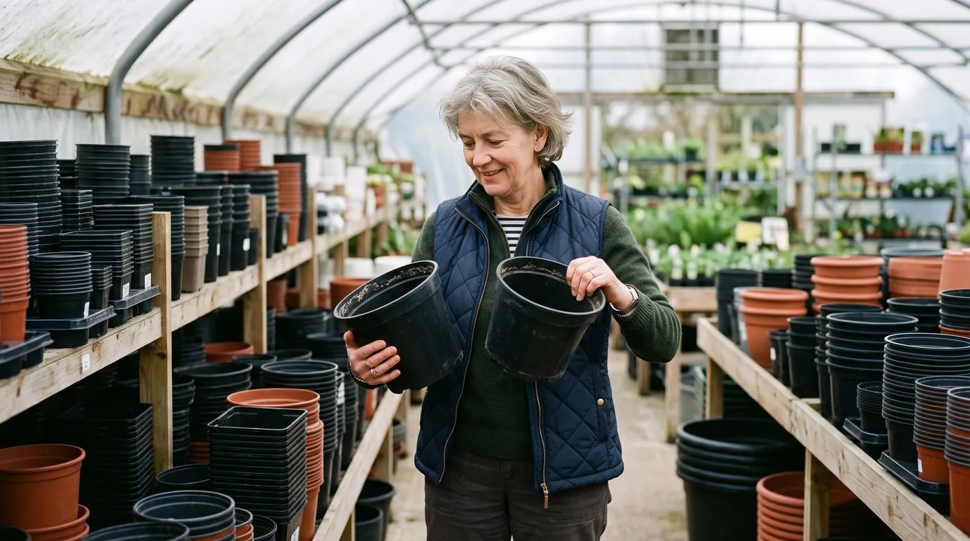 A white British woman in her 50s comparing two nursery plant pot sizes side by side in a garden centre aisle