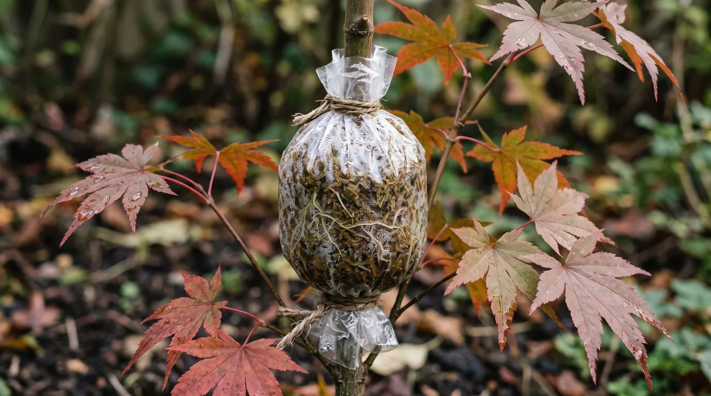 Air layer on an acer stem, with white roots growing into damp moss under clear plastic