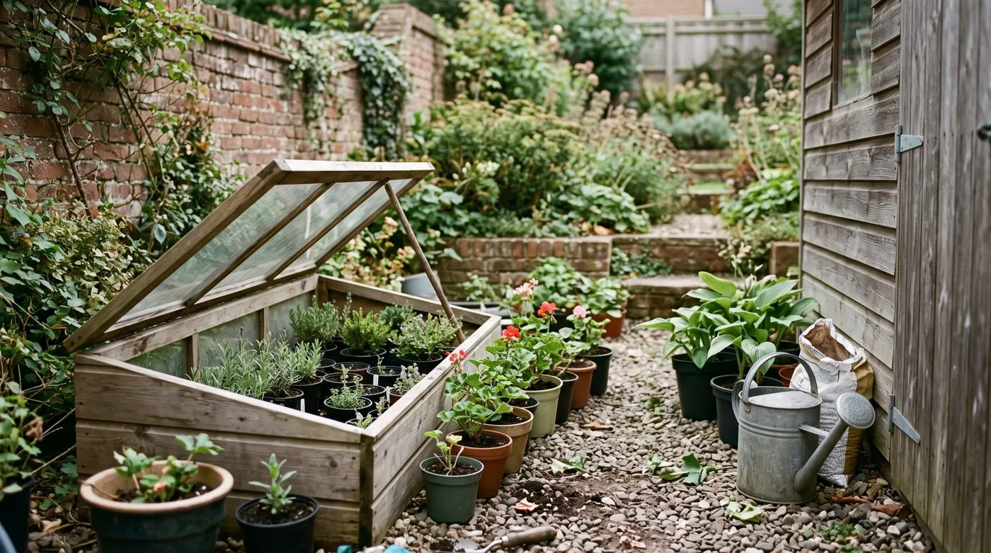 Garden propagation corner with a cold frame full of rooted cuttings and potted divisions