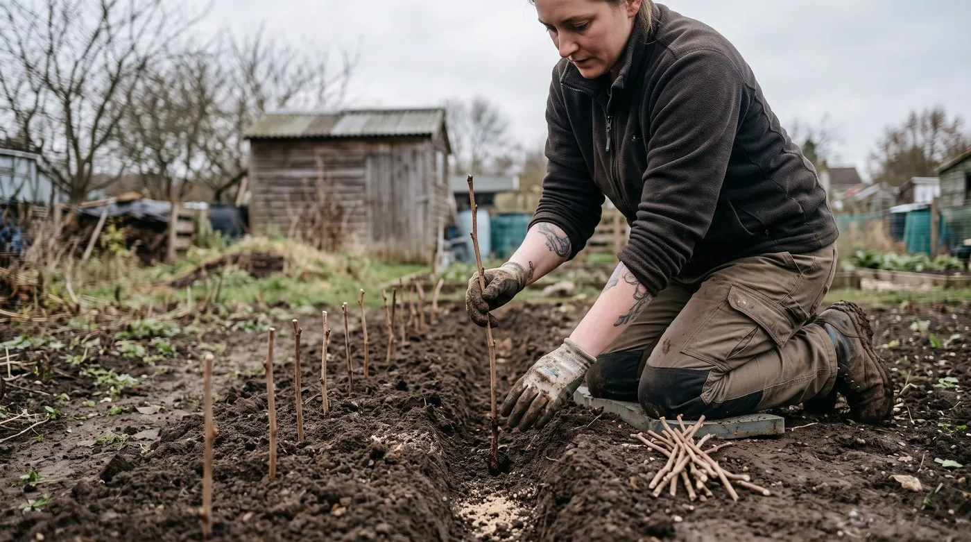 Woman planting hardwood cuttings of blackcurrant into a narrow trench on an allotment