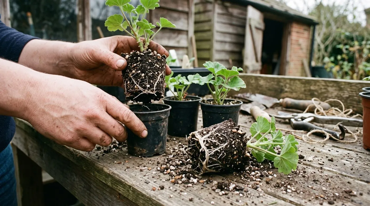 Several rooted cuttings in small pots showing healthy white root systems