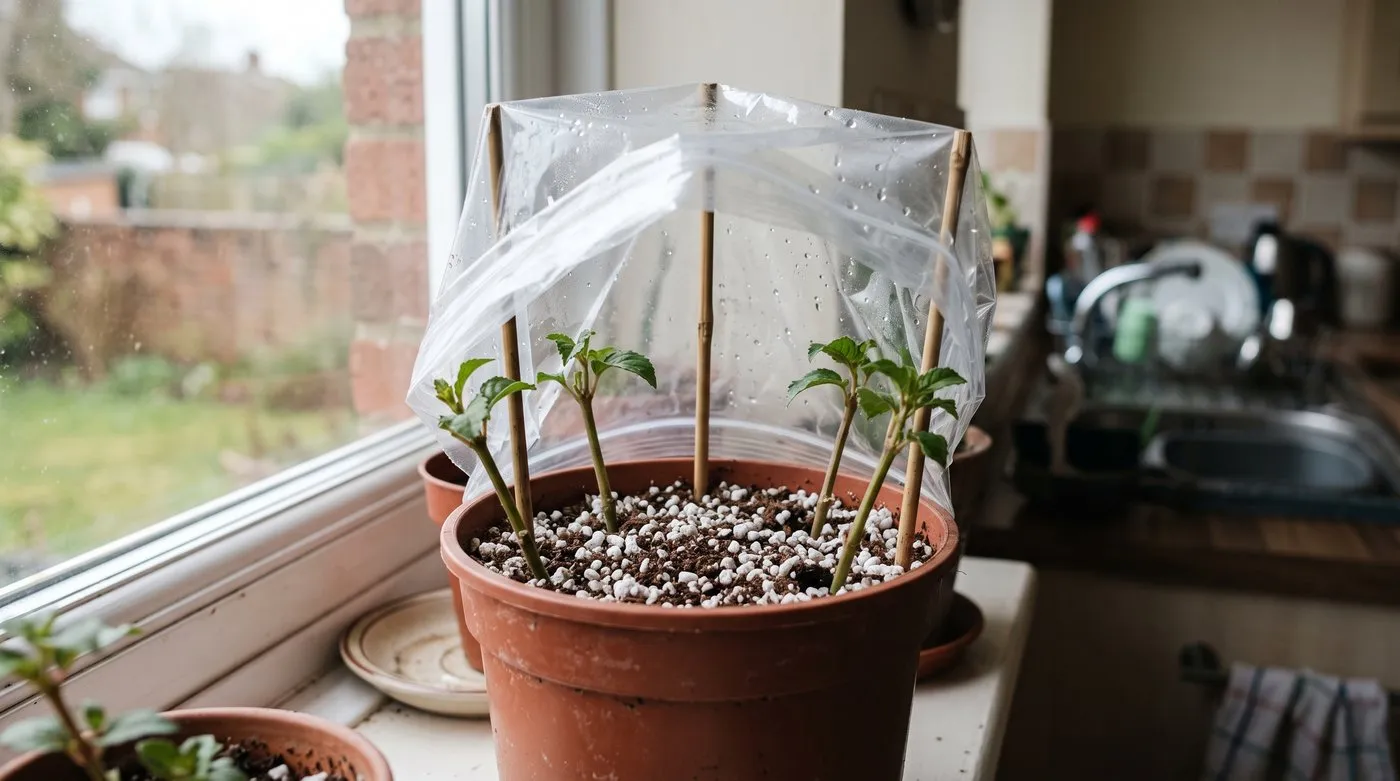 Fuchsia softwood cuttings around the edge of a pot of gritty compost under a clear bag