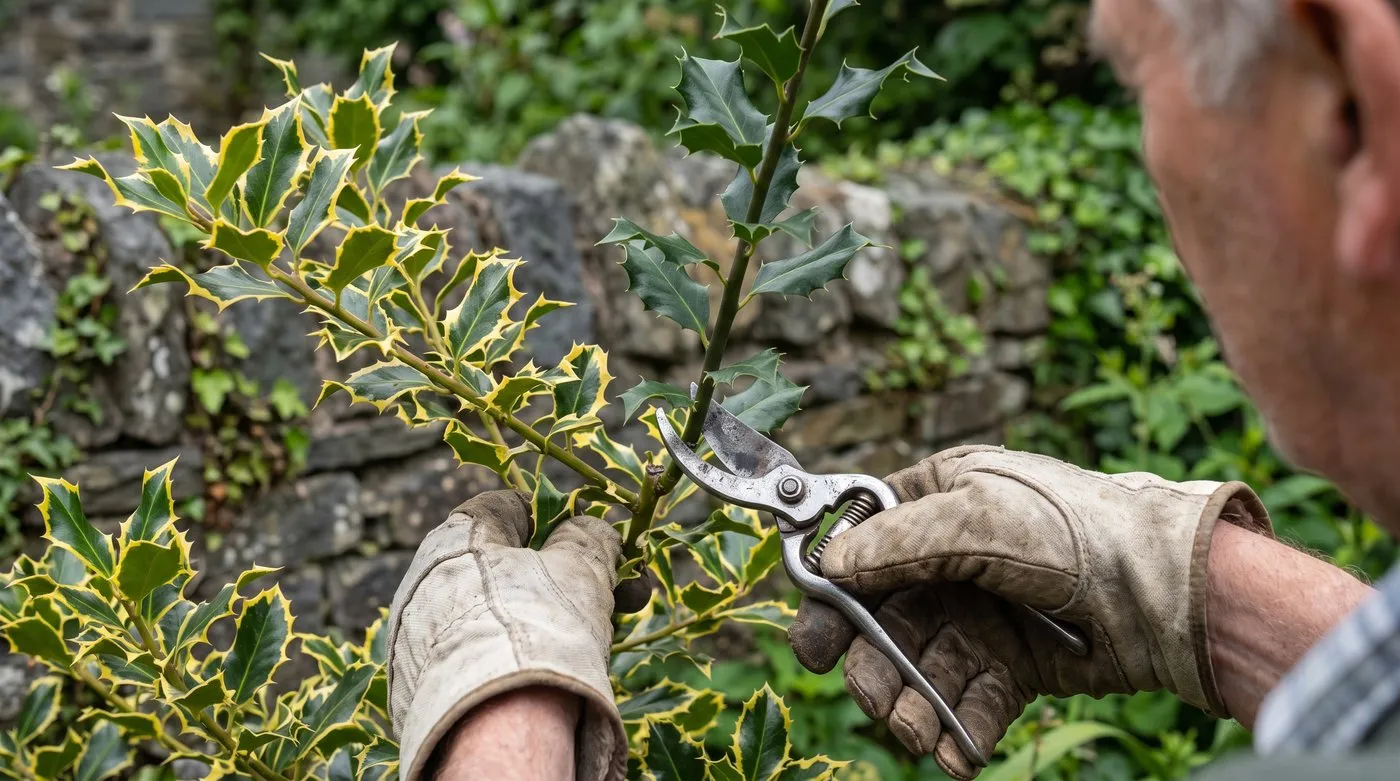 Gloved hands cutting a plain green reverted shoot from a gold-edged variegated holly with secateurs