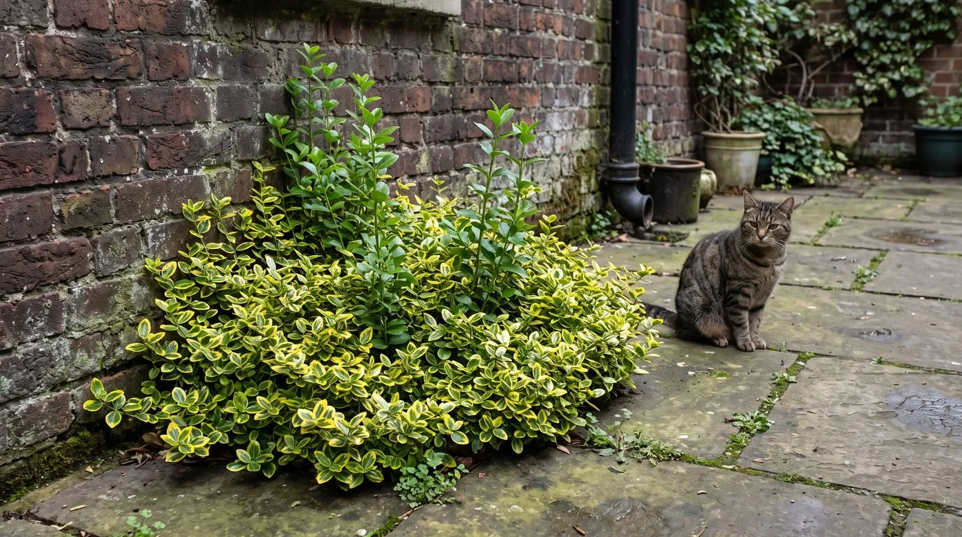 Gold-edged euonymus at the foot of a shady wall with several plain green shoots, a tabby cat sitting beside it