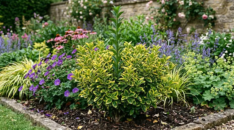 A variegated euonymus shrub with a vigorous all-green reverted shoot growing out of the top