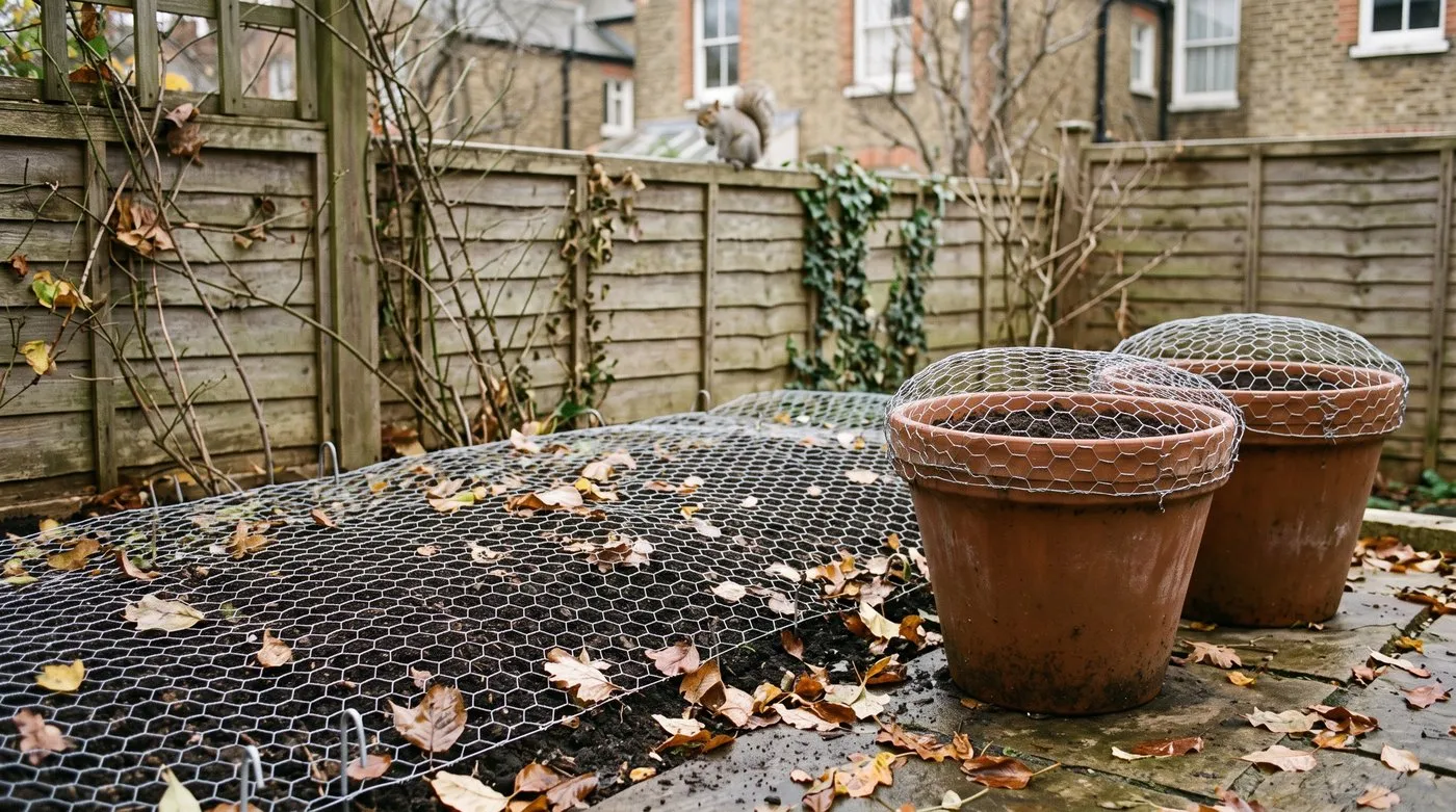 Chicken wire pegged over newly planted tulip pots and border, with a squirrel watching from the fence