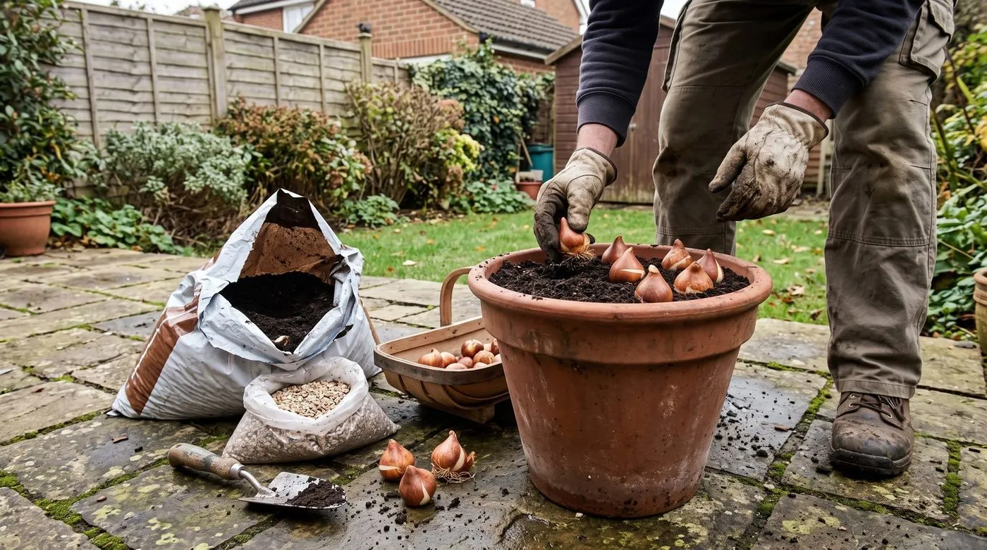 Planting tulip bulbs in a large terracotta pot on a patio