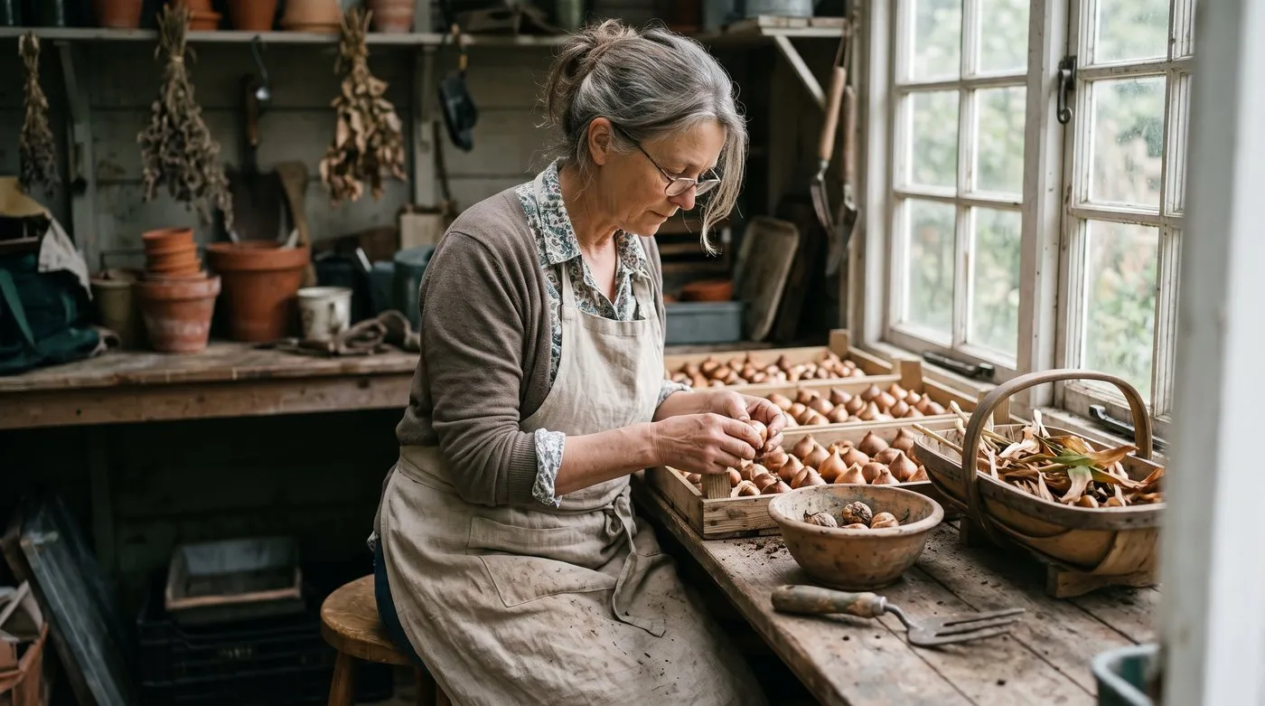 Woman sorting lifted tulip bulbs into single layers on trays in a garden shed in June