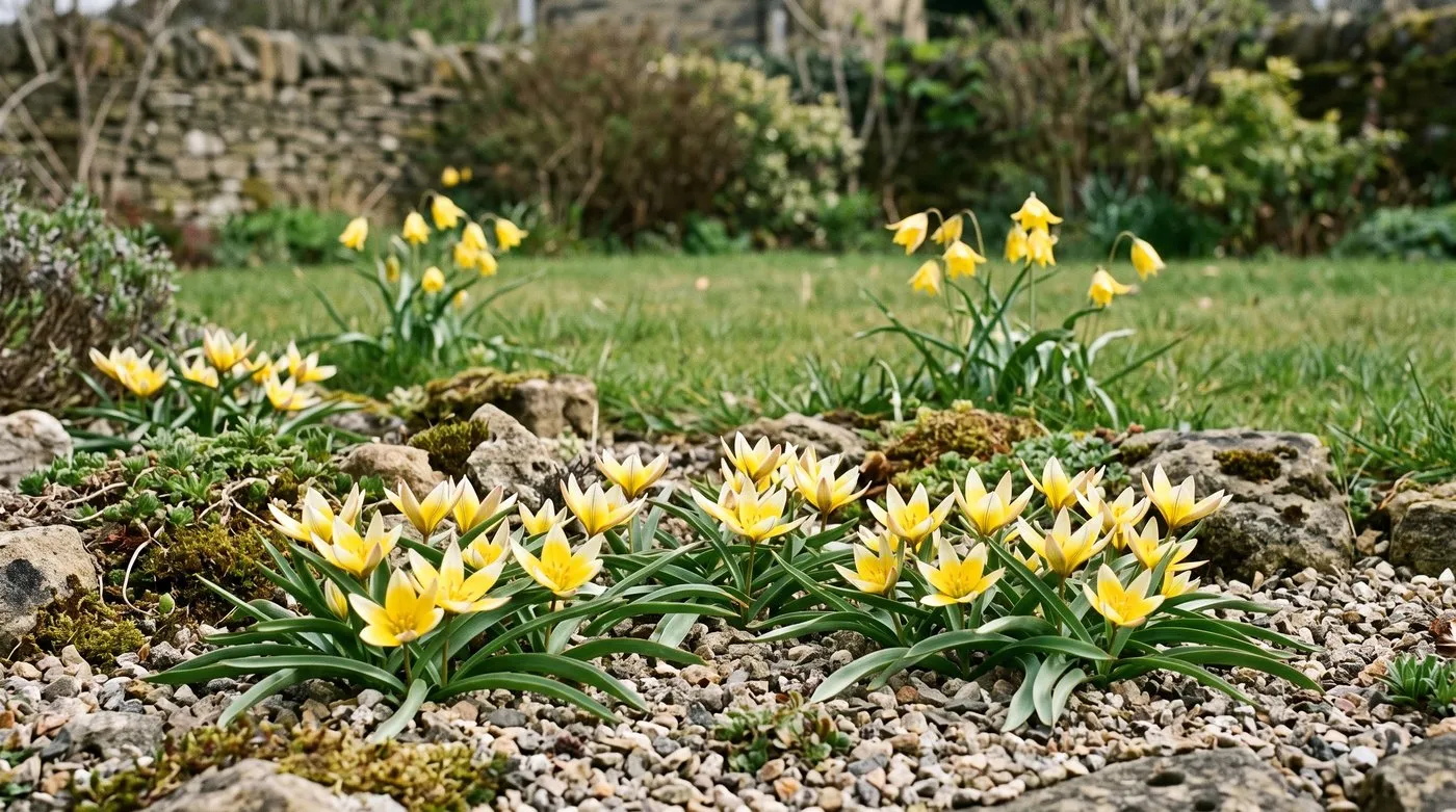 Species tulip Tulipa tarda with yellow and white star flowers in a gravel rock garden