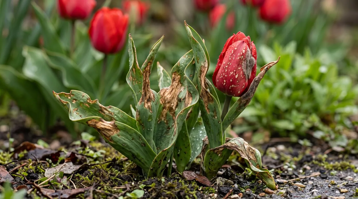 Tulip fire on red tulips with twisted scorched leaves, spotted petals and grey mould