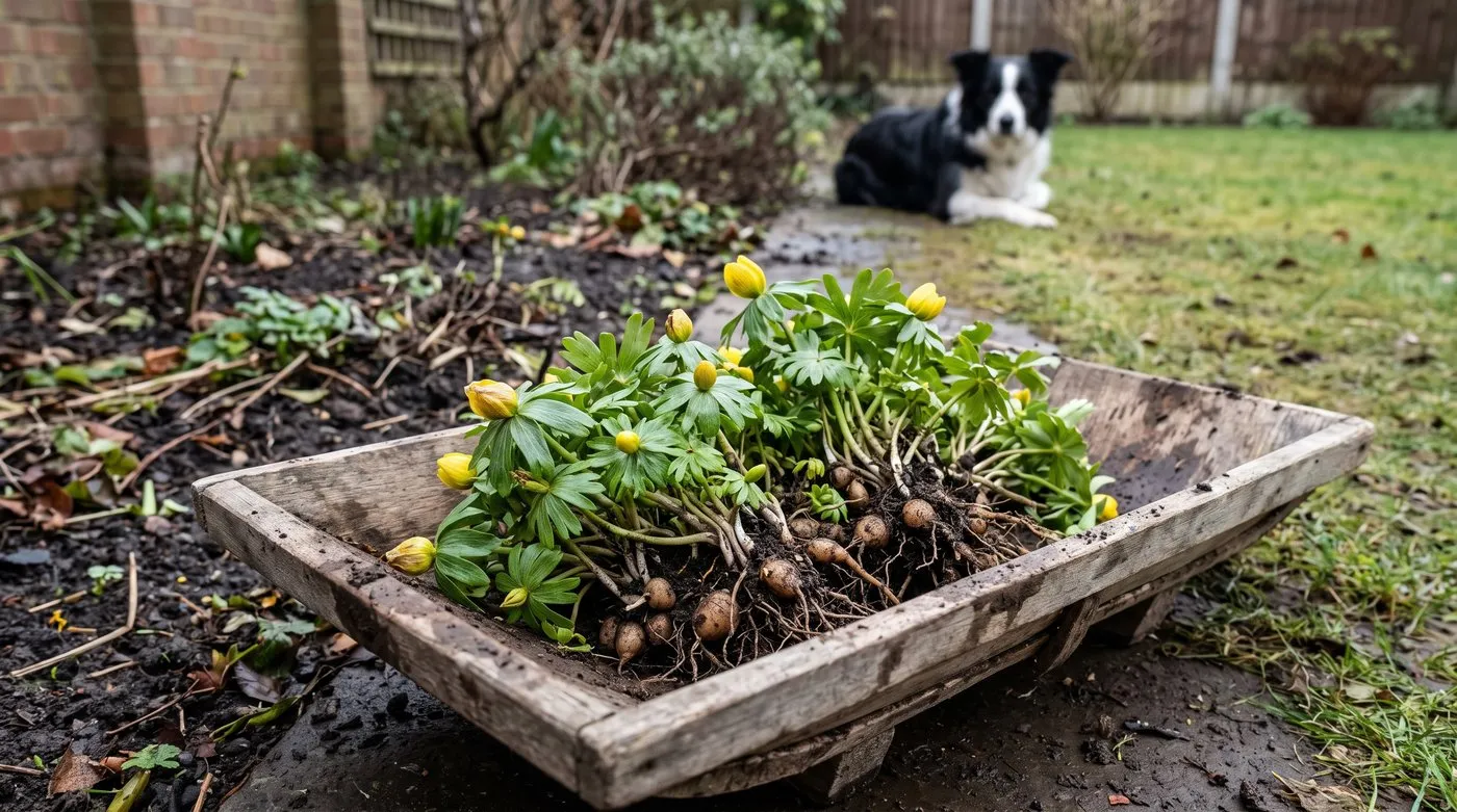 Clumps of winter aconite in leaf lifted into a trug for replanting, with a dog watching from the lawn