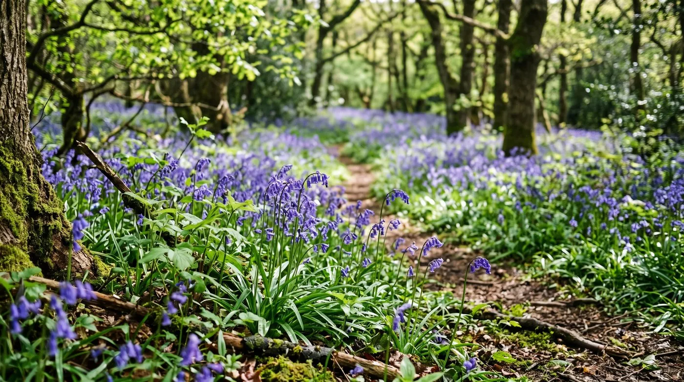 Native bluebells in full leaf and flower carpeting the floor of an ancient Welsh woodland in April